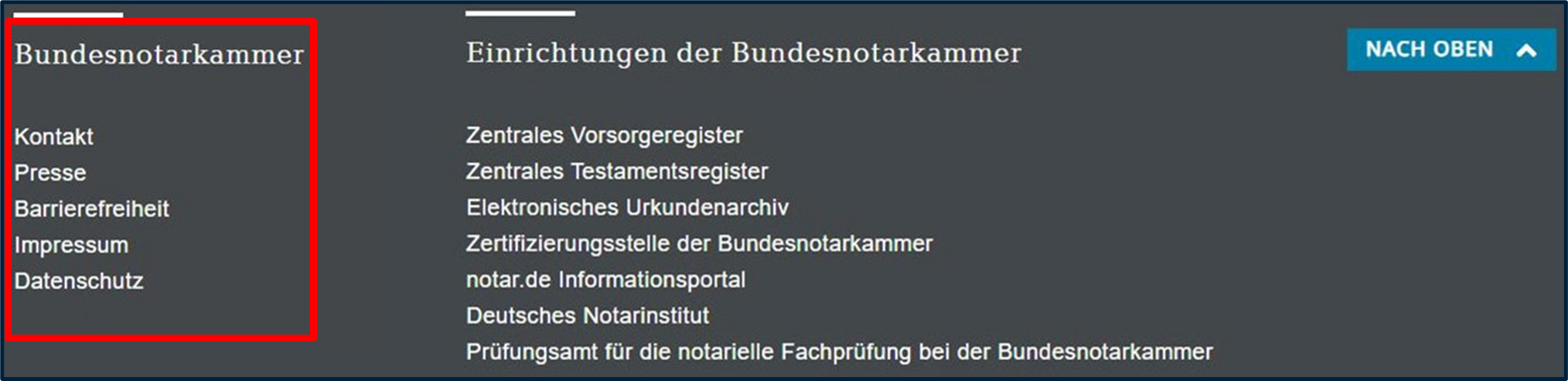 Screenshot Fußzeile von www.bnotk.de - Bereich "Bundesnotarkammer"