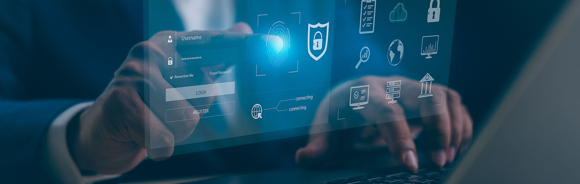 Symbolbild für Digitalisierung: Person am Laptop, zusätzlich Icons für z.B. geschützten Login