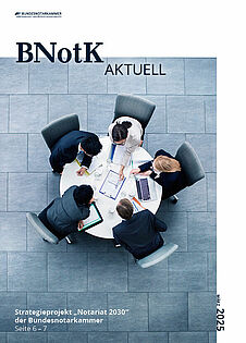 Titel mit Titelbild "Geschäftsleute in Beprechung an rundem Tisch" zu dem Magazin der Bundesnotarkammer "BNotK Aktuell", Ausgabe 1/2025