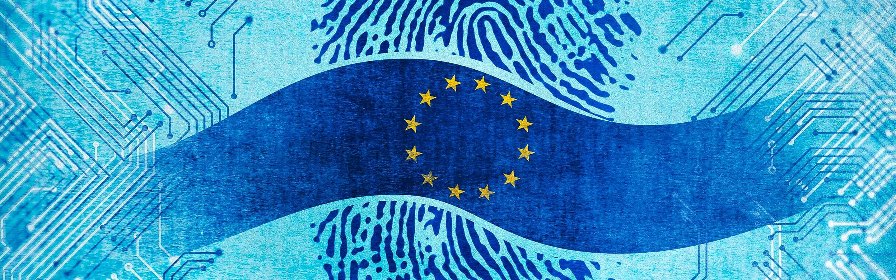 Foto: Fingerabdruck mit EU-Fahne und Linien, die Digitalisierung darstellen sollen