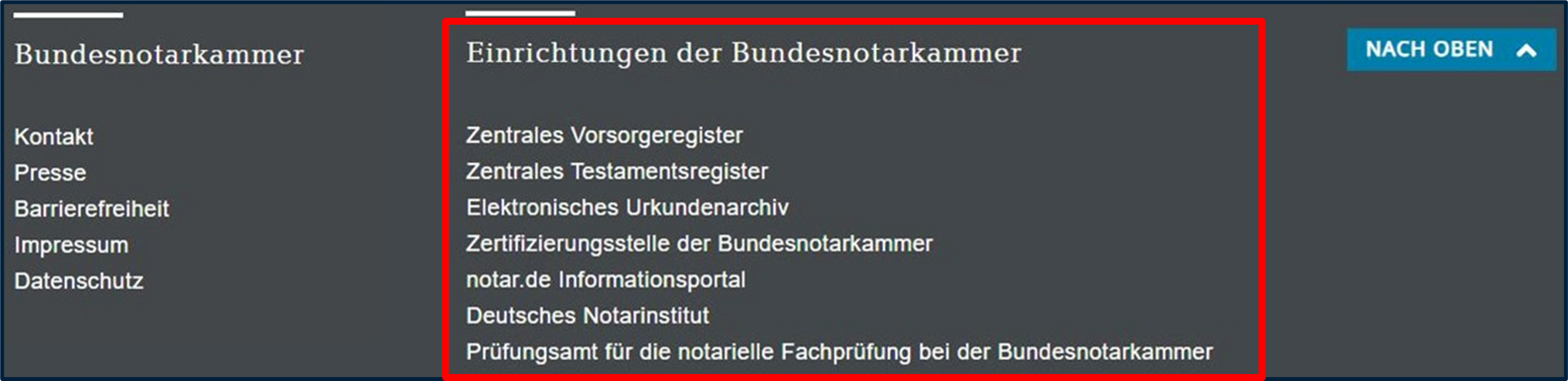 Screenshot Fußzeile von www.bnotk.de - Bereich "Einrichtungen"