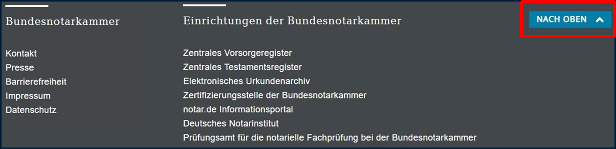 Screenshot Fußzeile von www.bnotk.de - Nach-oben-Button