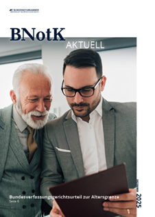 Titel mit Titelbild "Zwei Geschäftsleute" zu dem Magazin der Bundesnotarkammer "BNotK Aktuell", Ausgabe 4/2025